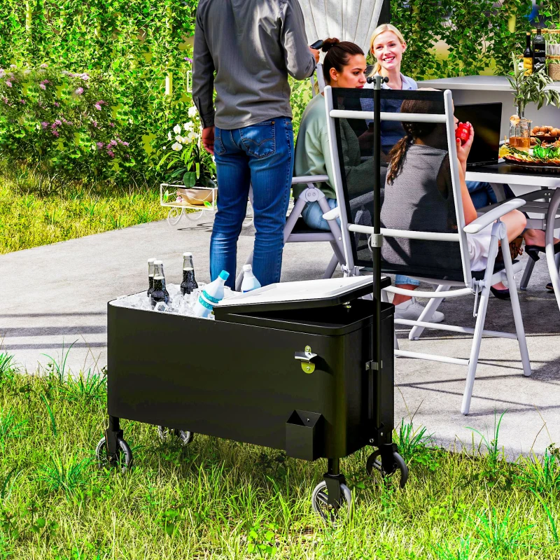 Outsunny 76L Kühlwagen Servierwagen mit Rädern Flaschenöffner Deckel Griffe Fahrbare Kühlbox Schwarz
