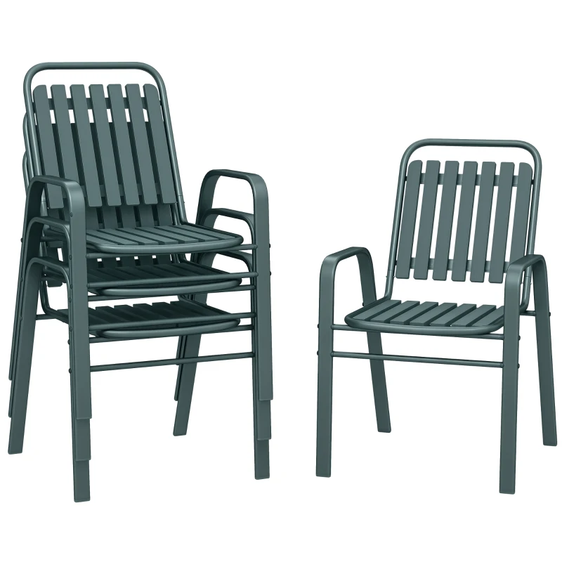 Outsunny Lot de 4 chaises de jardin chaises empilables d'extérieur avec haut dossier et accoudoirs cadre en acier 56x66x91cm gris