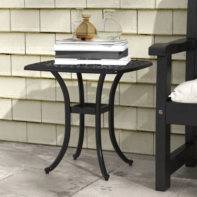 Outsunny Cast Aluminium Bistro Table, Outdoor Square Side Table with Umbrella Hole, Garden Table for Balcony, Black