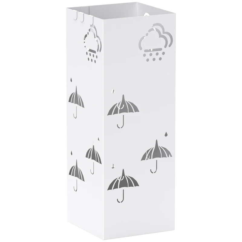 HOMCOM Paragüero de Acero con Bandeja Recoge Gotas Ganchos para Paraguas Plegables y Diseño Decorativo 15,5x15,5x41 cm Blanco