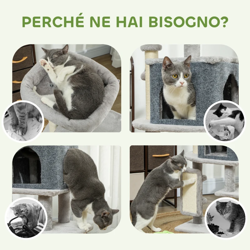 PawHut Albero per Gatti Multilivello Alto 104 cm con Casetta, Lettino, Pali Tiragraffi, Spazzola e Pallina, Grigio