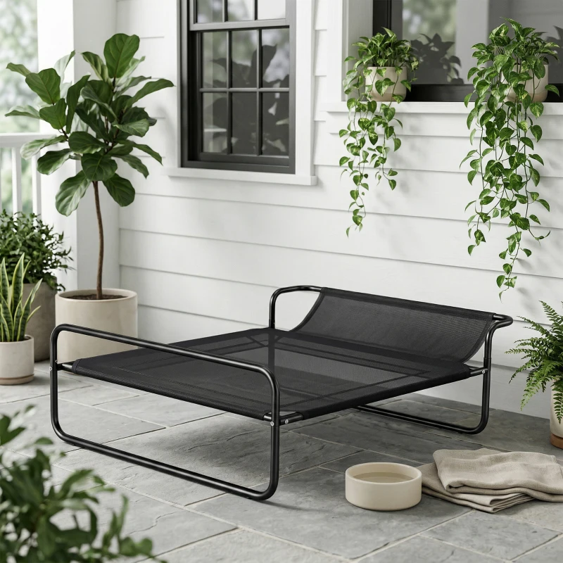 PawHut Pat Ridicat pentru Câini, Pat de Camping pentru Câini și Pisici cu Tetieră Reglabilă, Material Respirabil Texteline, pentru Interior și Exterior, 91x69x29 cm, Negru