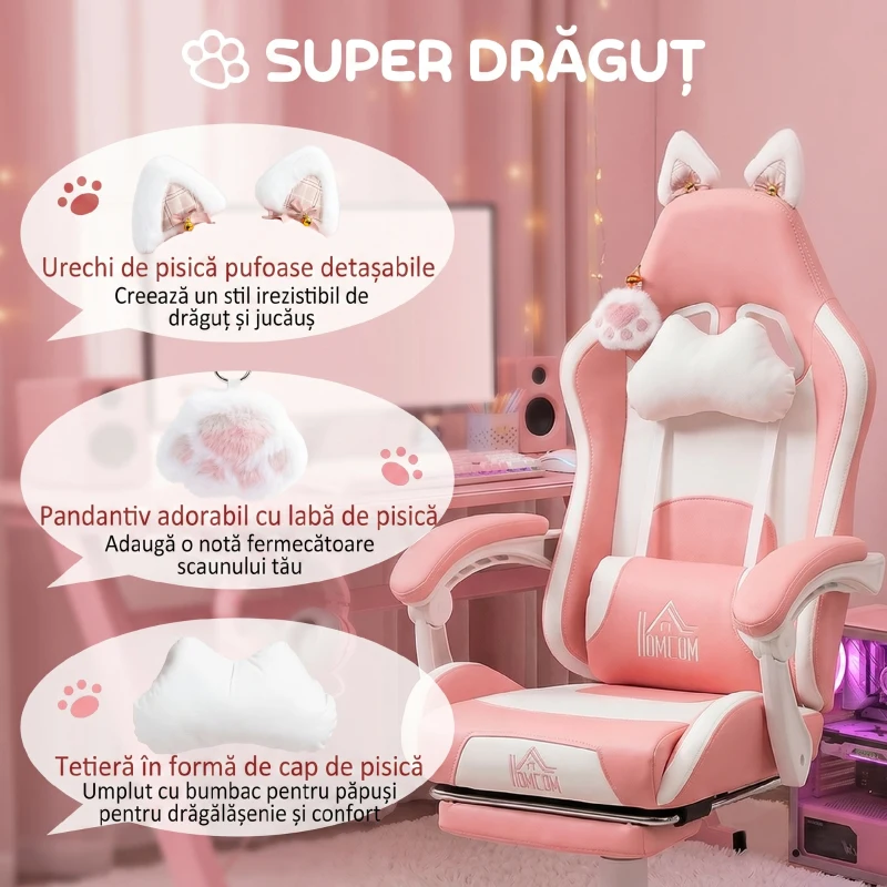 HOMCOM Scaun de Gaming Ergonomic cu Urechi de Pisică, Suport pentru Picioare, Suport Lombar și pentru Gât, Roz