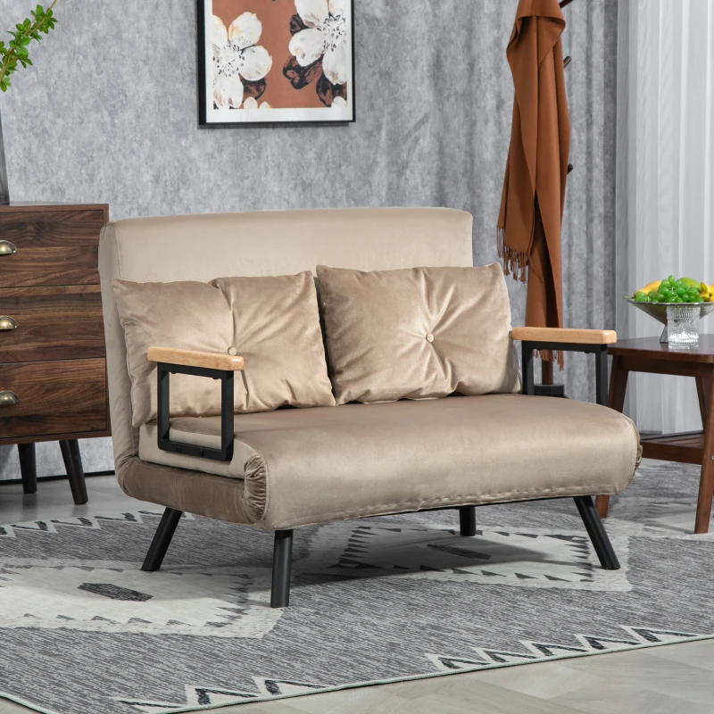 HOMCOM Divano Letto 3 in 1 in Tessuto Effetto Velluto con Schienale Regolabile e 2 Cuscini, 102x73x81 cm, Marrone Chiaro