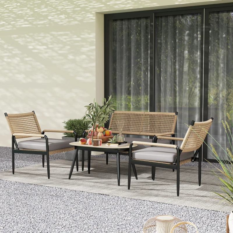 Outsunny Gartenmöbel Set aus Polyrattan Lounge-Set mit 2er Sofa Sessel Glastisch Kissen für 4 Personen Dunkelgrau+Gelb