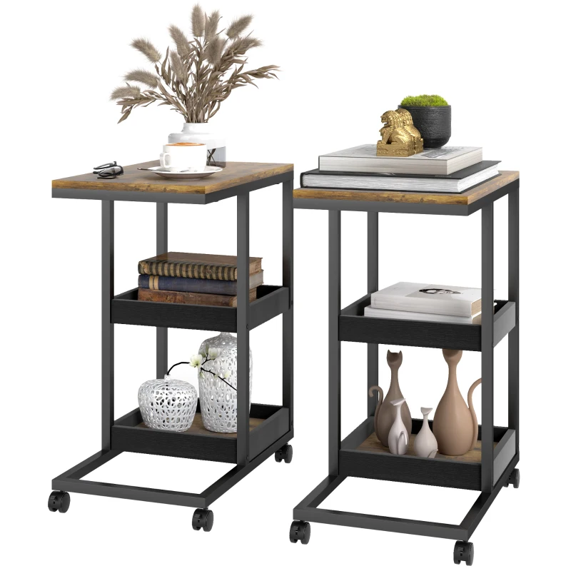 HOMCOM Mobile Sofa Side Table Set of 2, Industrial C-Shaped Rolling Table with 3-Tier Storage Shelving, Four Lockable Wheels Steel Frame, Dark Brown