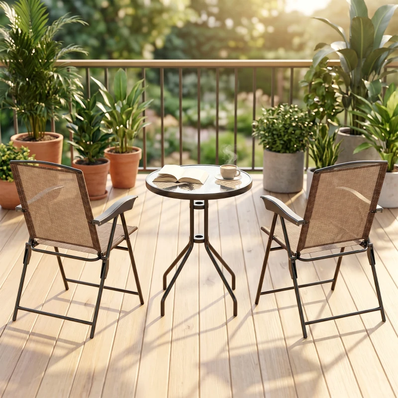 Outsunny Ensemble de Jardin 3 pièces 2 chaises inclinables Multi-Positions Pliables + Table Ronde Verre trempé métal