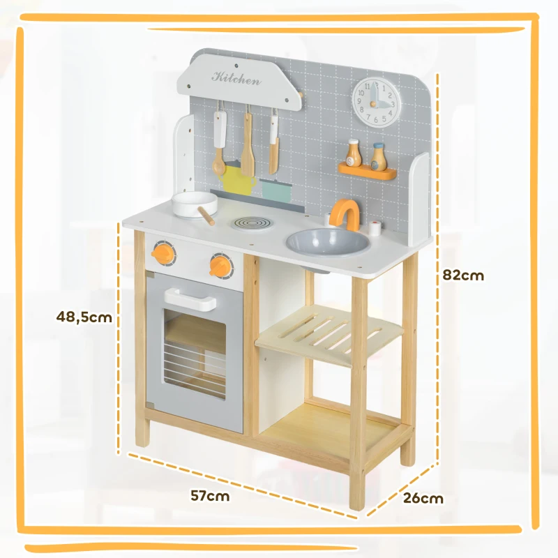 AIYAPLAY Cocinita Infantil Cocinita de Madera Infantil con Sonido Fogón Horno Grifo Fregadero y Accesorios de Cocina Gris