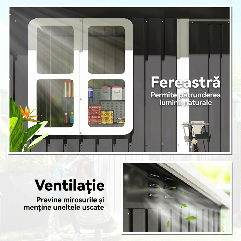 Outsunny Căsuță de Grădină 2,55m² din Oțel Zincat cu Kit de Fundație, Ușă Blocabilă, Acoperiș Înclinat, Gri