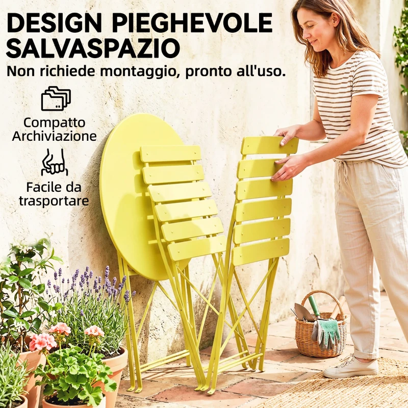 Outsunny Set Bistrò, Tavolo e Sedie Pieghevoli per 2, Giardino, Giallo.