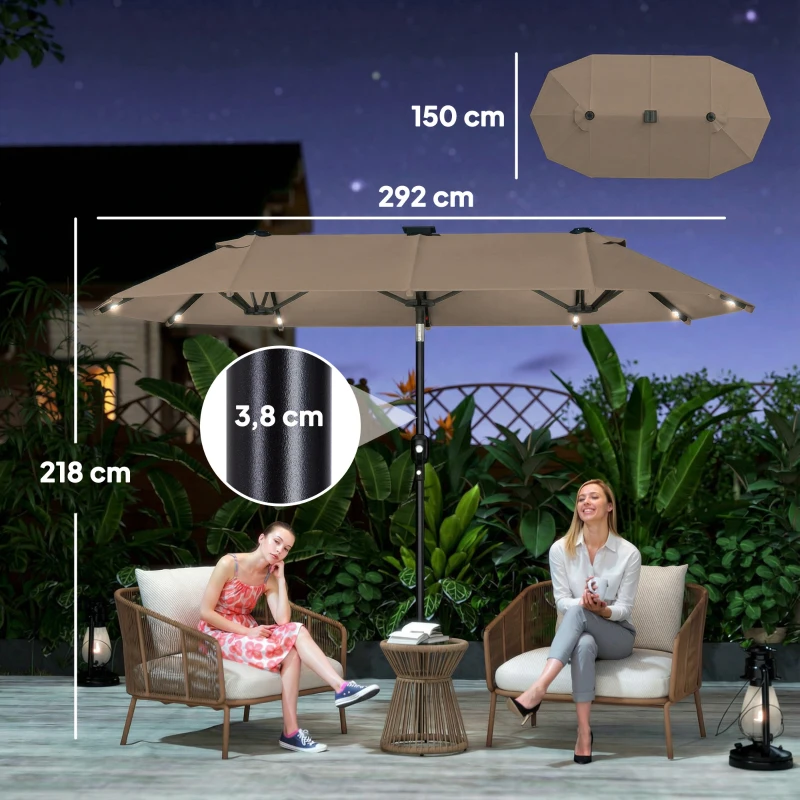 Outsunny Doppelsonnenschirm 292 x 150 cm, Sonnenschirm mit mit LED-Beleuchtung Handkurbel, Knickfunktion Khaki