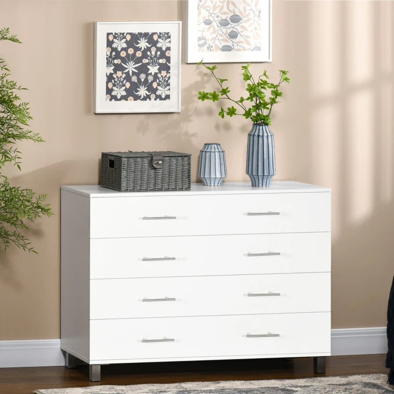 HOMCOM Cómoda con 4 Cajones de Dormitorio con Patas Cajonera de Estilo Moderno para Salón Entrada 112x38,2x81 cm Blanco