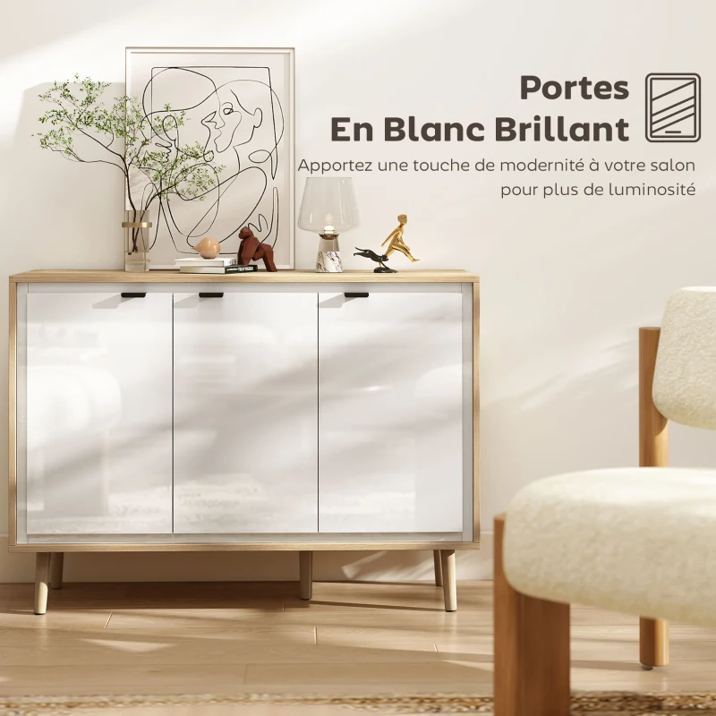 HOMCOM Buffet à haute brillance, meuble de rangement avec 3 portes, étagères réglables, 107 x 35 x 77 cm, blanc et chêne