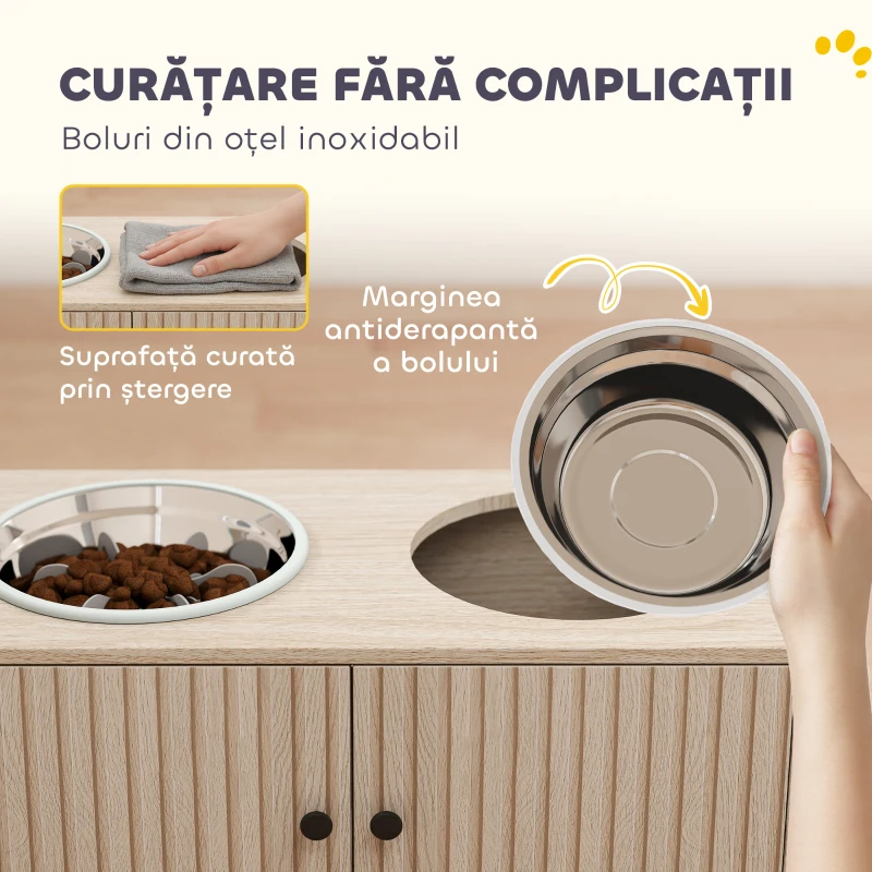 PawHut Suport pentru Boluri pentru Câini cu 2 Boluri de 2L din Oțel Inoxidabil și Dulap Inferior, din Lemn, 60x30x35,5 cm, Stejar