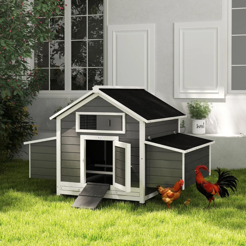 PawHut Poulailler en bois accueillant 4 poules, cage à poules avec pondoir, toit imperméable ouvrable, tiroir amovible, gris