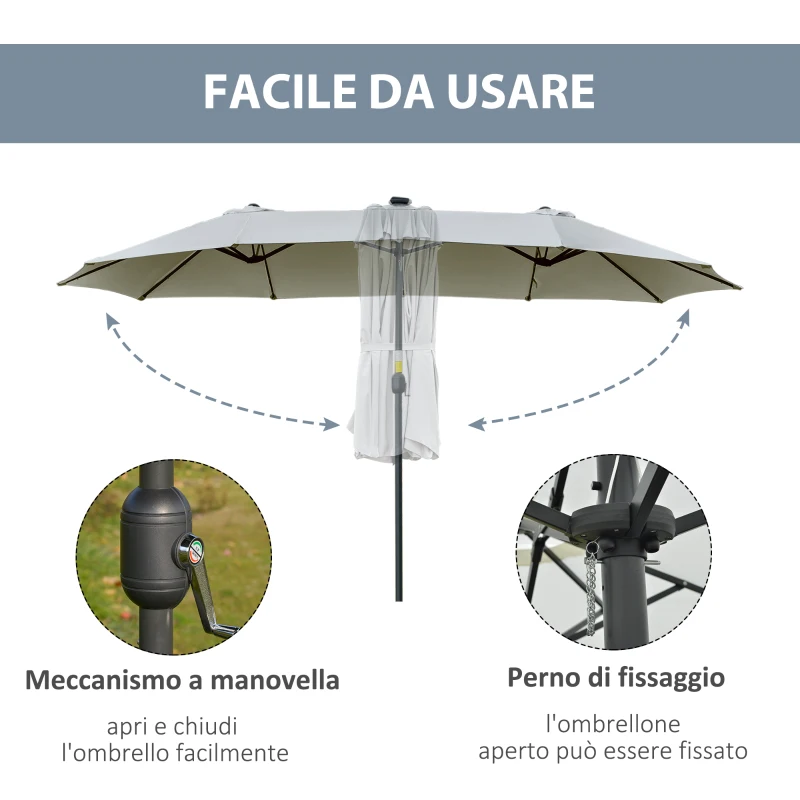 Outsunny Ombrellone da Giardino Doppio 4.5m con 48 Luci LED e Manovella, Grigio Chiaro