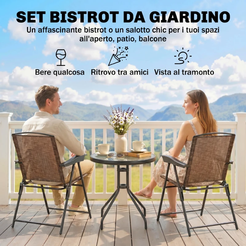 Outsunny Tavolino con 2 Sedie Set Mobili 3pz Pieghevole Regolabile Esterno Textilene Marrone