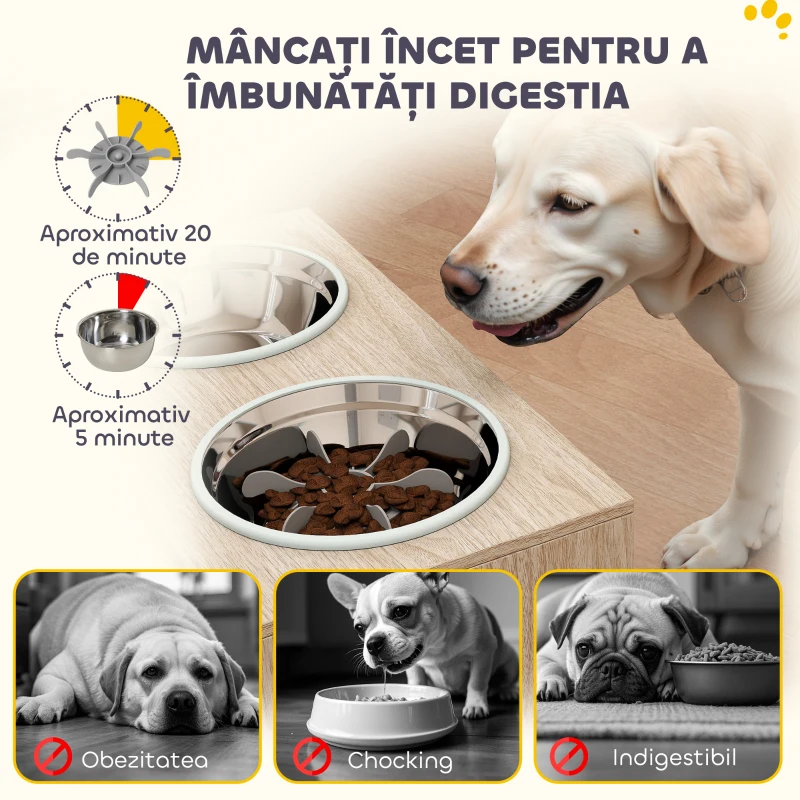 PawHut Suport pentru Boluri pentru Câini cu 2 Boluri de 2L din Oțel Inoxidabil și Dulap Inferior, din Lemn, 60x30x35,5 cm, Stejar