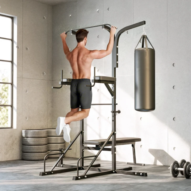 HOMCOM Power Tower con Panca e Sacco da Boxe di 20kg, Stazione Multiuso in Acciaio Nero per Allenamento Total Body
