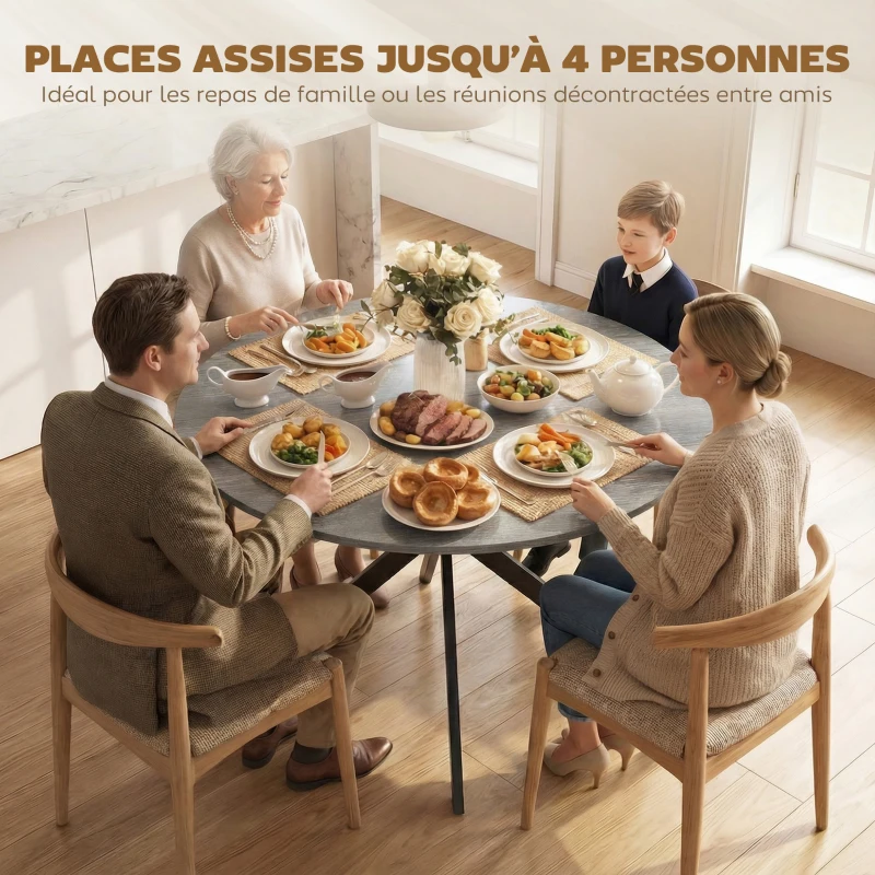 HOMCOM Table à Manger Ronde pour 4 Personnes 100 cm, Style Industriel avec Plateau Aspect Bois, Piètement Croisé en Acier, Gris