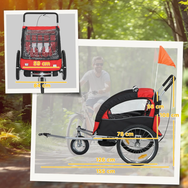 HOMCOM Reboque de Bicicleta Infantil 2 em 1 com Cinto de Segurança 5 Pontos Refletores Bandeira e Cortina Corta-vento Vermelho
