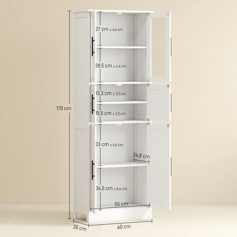 HOMCOM Meuble de salle de bain, meuble de rangement 6 niveaux, 6 portes dont 2 vitrées, étagères réglables, 60x30x170cm, blanc