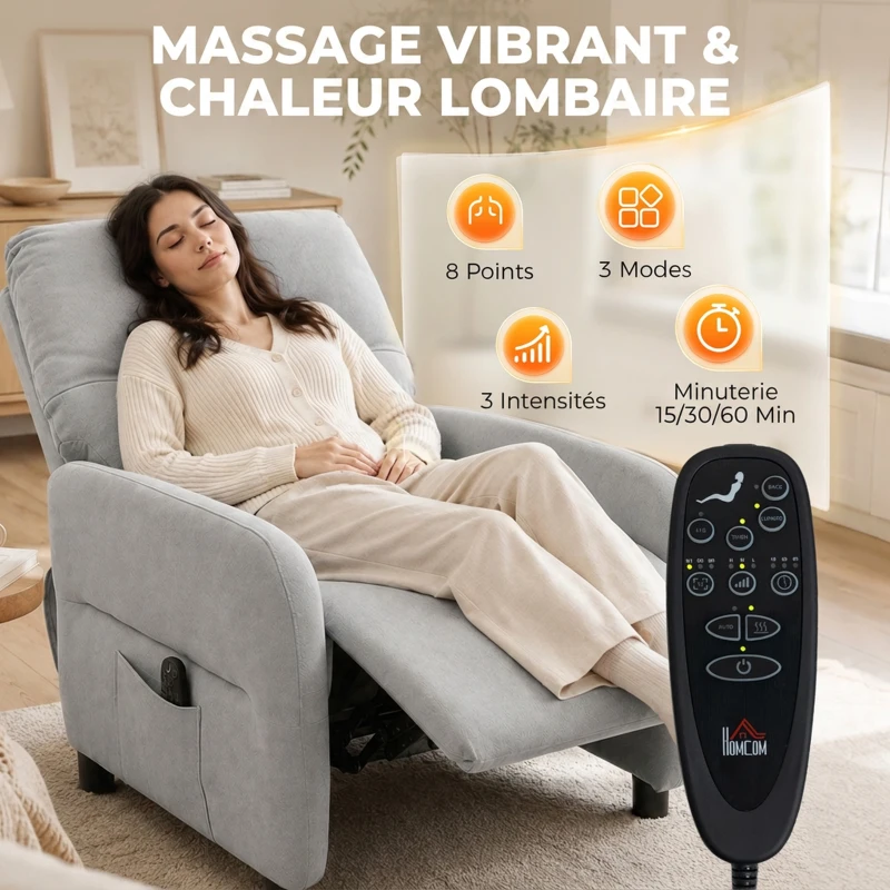 HOMCOM Fauteuil Inclinable de Massage par Vibration et Chauffage, Fauteuil de Relaxation en Tissu Éponge Bouclé, Gris