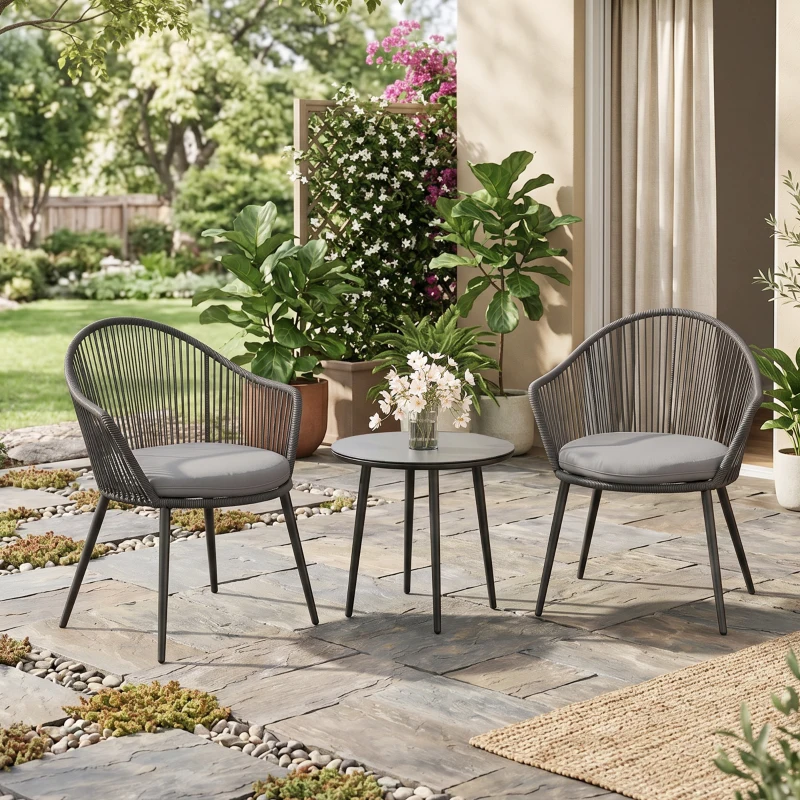 Outsunny Set Bistro de Terasă din 3 Piese, Set de Mobilier din Rachiță cu 2 Fotolii și Masă de Sticlă, 65x63x80 cm, Gri