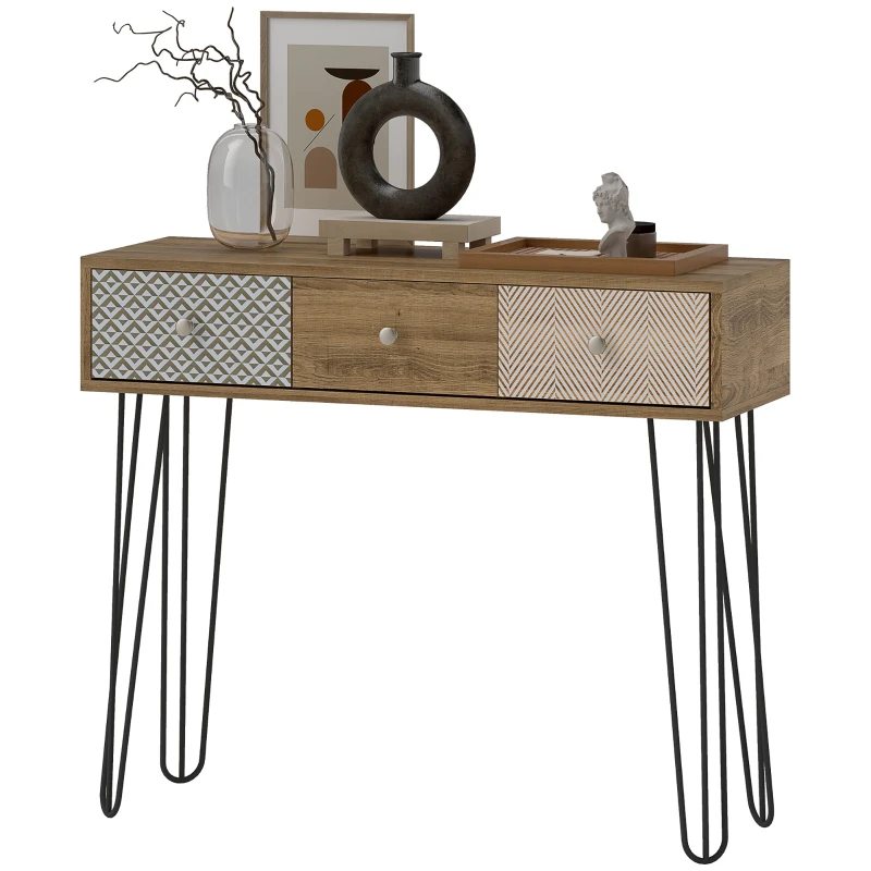 HOMCOM Mesa de Consola Mesa de Sofá con 3 Cajones con Patas de Acero Tipo Horquilla Estilo Bohemio Natural