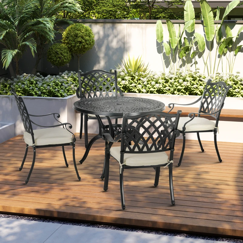 Outsunny Cast Aluminium 4 Seater Outdoor Dining Set with Cushions Parasol Hole Black