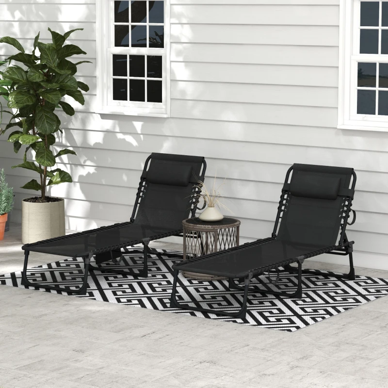 Outsunny Portable Sun Lounger Set of 2, Folding Camping Bed Cot, Reclining Lounge Chair 5-position Adjustable Backrest with Side Pocket, Pillow for Patio Garden Beach Pool, Black