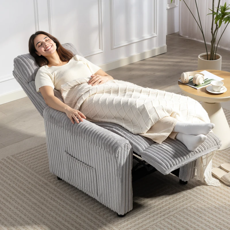 HOMCOM Sillón Relax Reclinable Manual Tapizado en Pana Instalación Rápida Reposapiés Acolchado Grueso Gris Claro