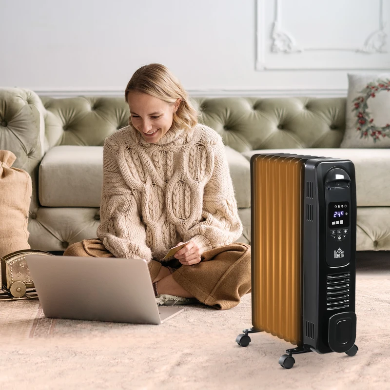 HOMCOM 2000W Digital Oil Filled Radiator, 9 Fin, Portable Electric Heater with LED Display, 24-Hour Timer, 3 Heat Settings, Safety Cut-Off and Remote Control, Black