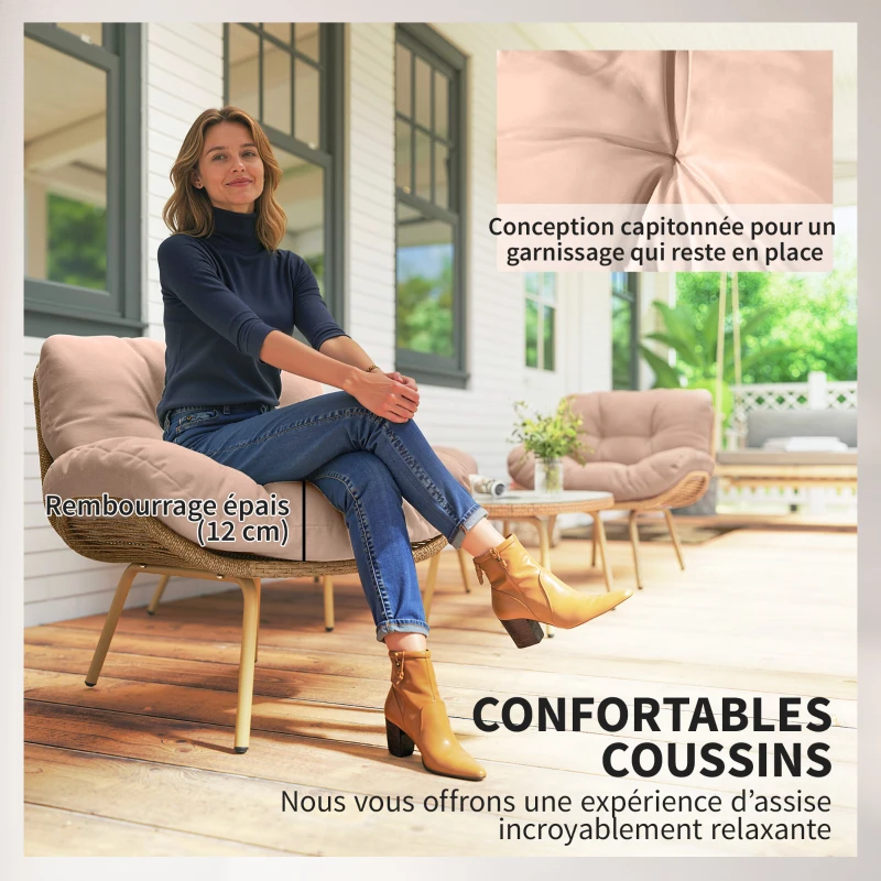 Outsunny Salon de Jardin 4 Pièces en Résine Tressée Coussin 12 cm Ultra Épais Canapé 138 cm 2 Fauteuils et Table Basse Beige