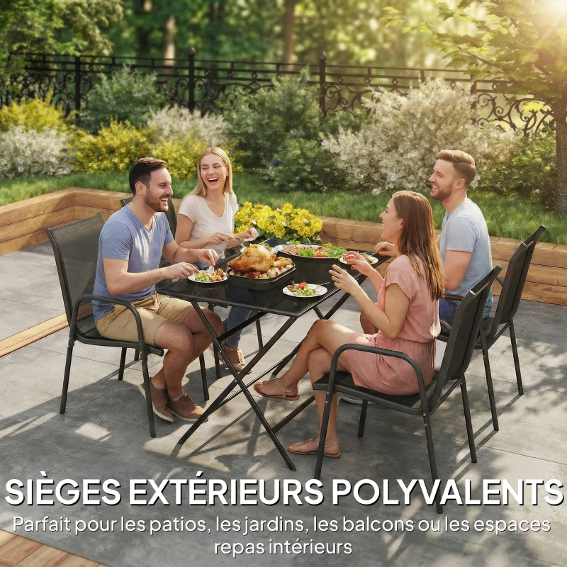 Outsunny Lot de 4 Chaises de Jardin Extérieures, Chaise de Salle à Manger Empilables avec Accoudoirs et Dossier Haut, Noir