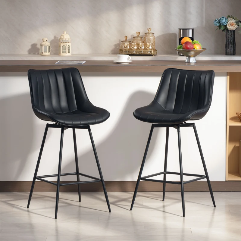 HOMCOM Juego de 2 Taburetes de Bar, Sillas de Bar Giratorio 360° Tapizado en Cuero Sintético con Respaldo y Reposapiés Negro
