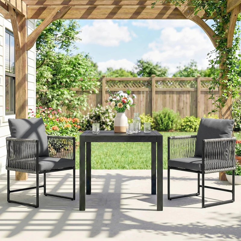 Outsunny Gartenstuhl 2er Set wetterfest Gartenstühle aus Stahl PE-Rattan mit Kissen Armlehne Rückenlehne 52x52x66 cm Dunkelgrau