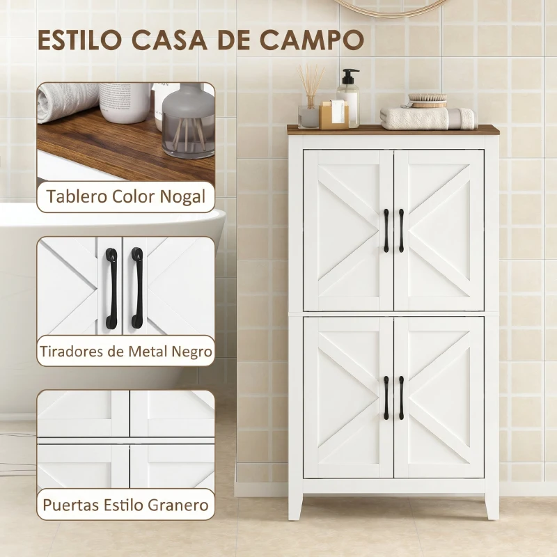 HOMCOM Armario de Baño Estrecho con Puertas Tipo Granero 4 Estantes y Estantes Ajustables 60x30x110 cm Blanco