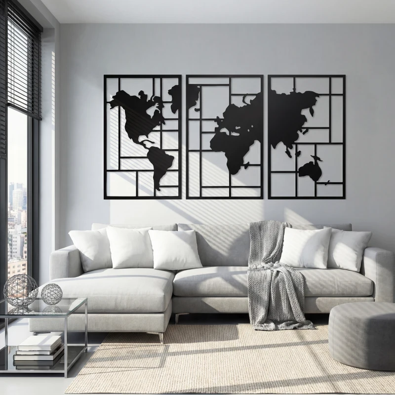 HOMCOM Wanddeko Metall 3 Stück Wanddekoration Weltkarte Wandkunst für Wohnzimmer Schlafzimmer Flur, 50 x 80 cm, Schwarz