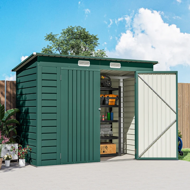 Outsunny Capanno Porta Attrezzi con 2 Prese d'Aria e Chiavistello, in Acciaio, 249x121x183 cm, Verde