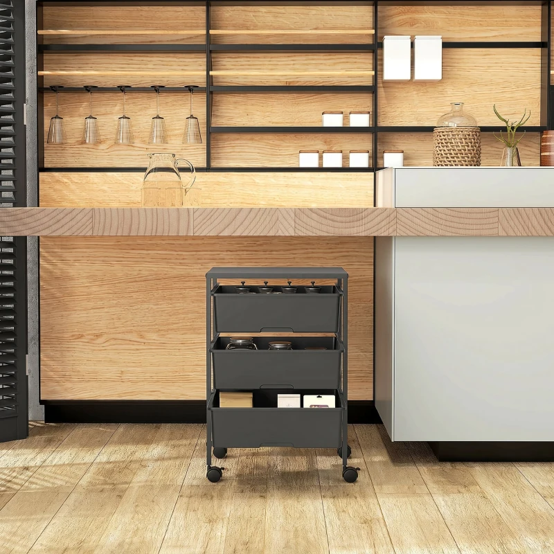 HOMCOM Carrello Multiuso con 3 Cestini Estraibili e Ruote per Cucina e Ufficio in Acciaio e PP, Nero