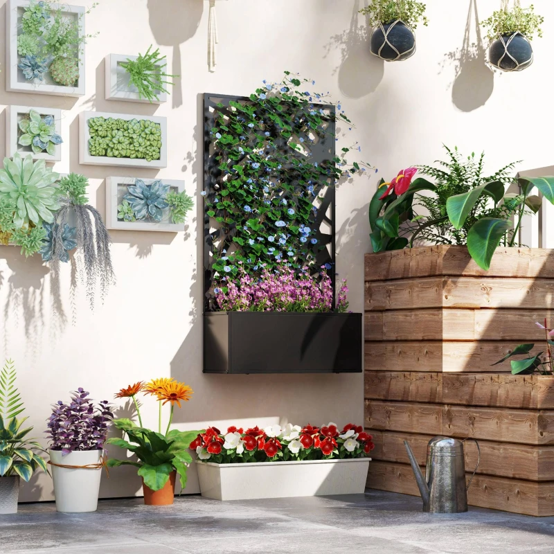 Outsunny Fioriera Rialzata con Spalliera Decorativa per Rampicanti da Terra e Parete, 61x23x113 cm, Nero