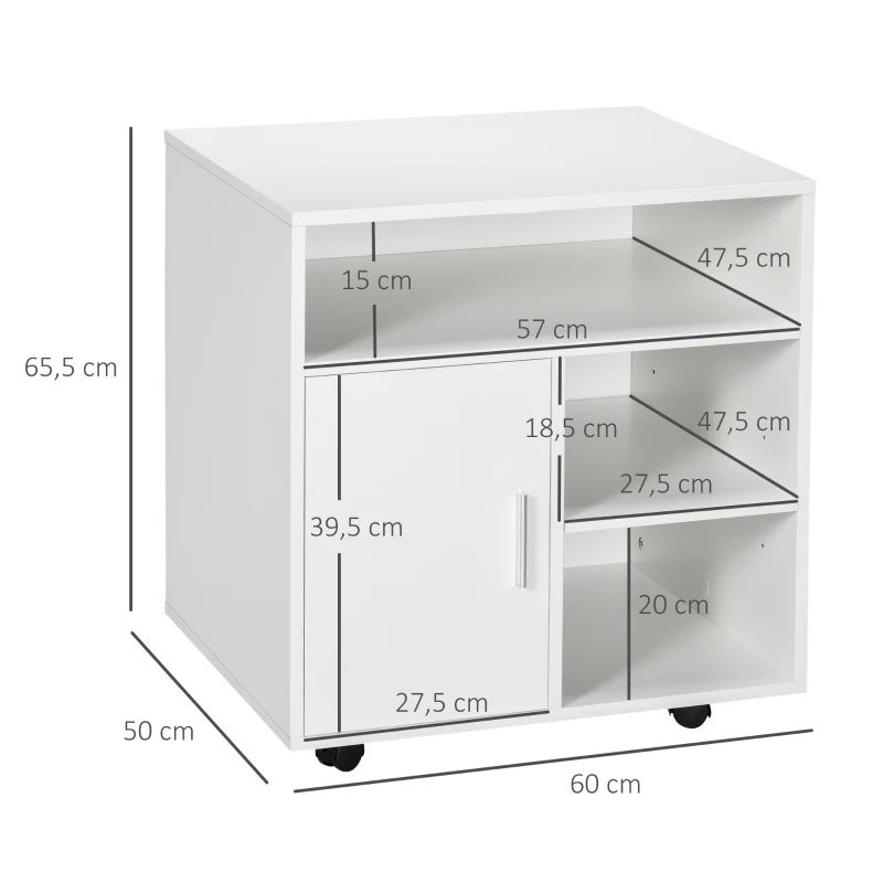 HOMCOM Mobiletto Porta Stampante con Ripiani Aperti e Armadietto in Legno, 60x50x65.5cm, Bianco