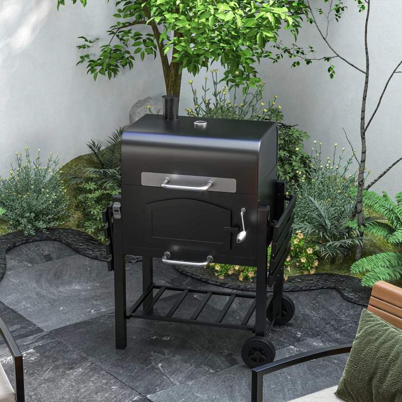Outsunny Grătar de Grădină pe 2 Roți cu Grilaj, Afumător și Arzător, din Metal și Fontă, 124x66x112 cm, Negru