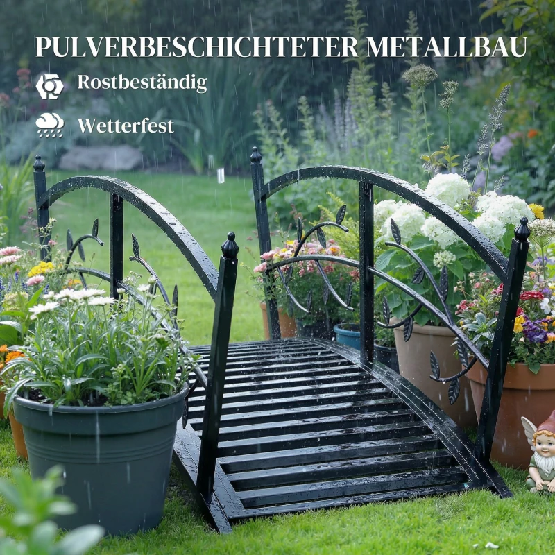 Outsunny Gartenbrücke aus Metall 120 cm Teichbrücke mit Sicherheitsgeländern Antik-Optik Rostbeständig einfache Montage