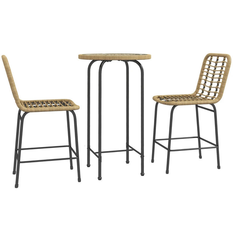Outsunny Ensemble 3 pièces 1 table haute ronde design bohème + 2 tabourets ronds avec repose-pied en métal 2 personnes naturel