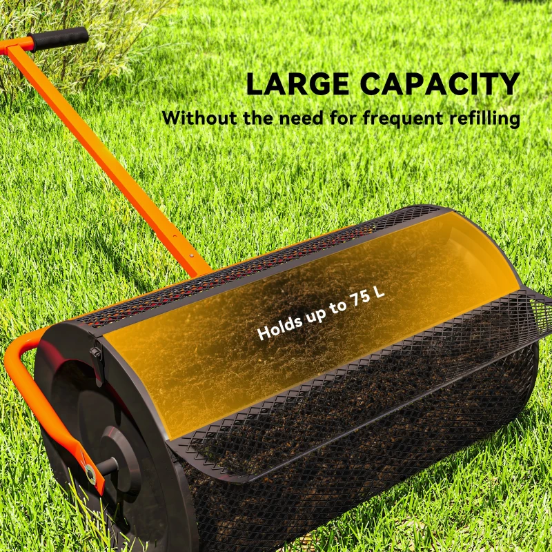 Outsunny Compost Spreader, 24" Peat Moss Spreader with Height Adjustable T Shaped Handle and Metal Mesh Basket, Garden Spreader for Seeding, Spreading Manure, Orange
