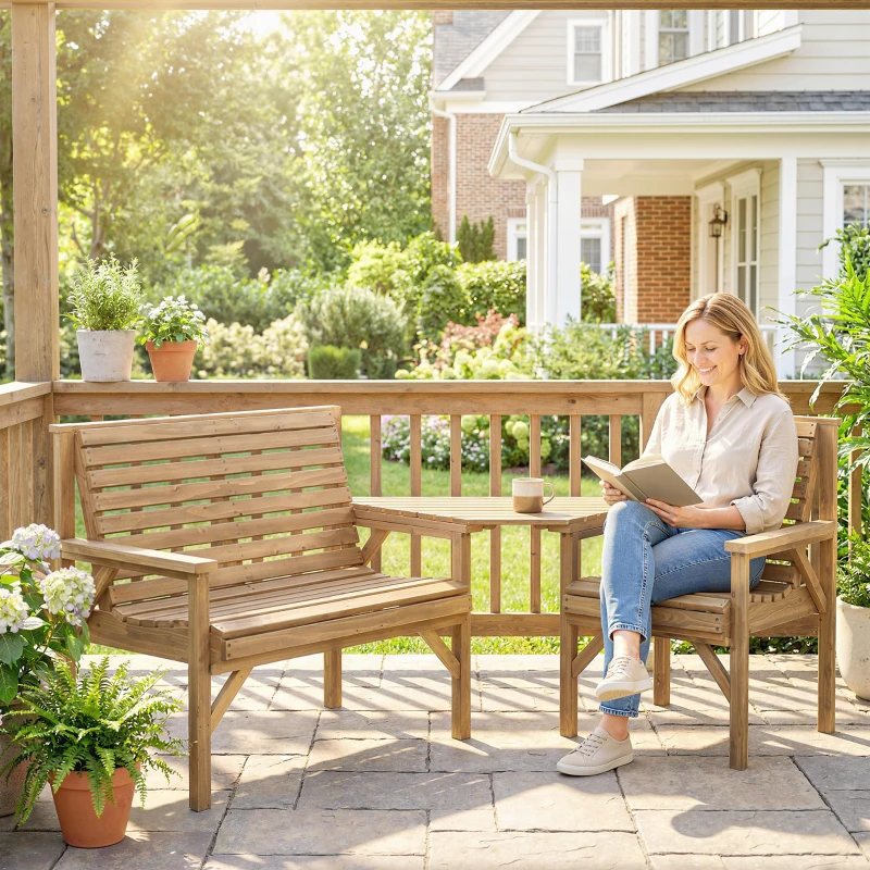 Outsunny Gartenstühle 3er-Set, Balkonmöbel Set mit Sonnenschirmloch, Gartenstuhl, Bank, abnehmbarem Tisch 121x65x90 cm Naturholz