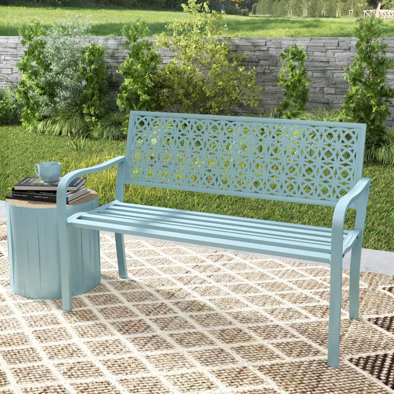 Outsunny Banc de jardin 2 places, banc extérieur jardin en acier avec dossier ajouré, 127 x 63 x 85 cm, bleu
