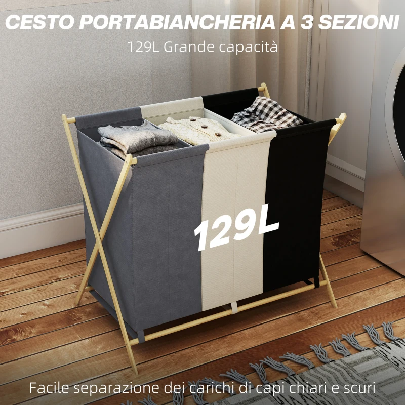 HOMCOM Cesto Portabiancheria Pieghevole a 3 Scomparti, in Bambù e Tessuto Effetto Lino, 75x48x67 cm, Multicolore